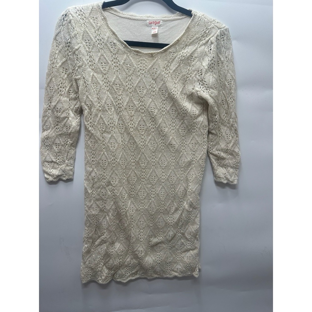 Cat & Jack Girls' Ivory 3/4 Sleeve Shine Crochet Sweater Dress XL (14/16)‎